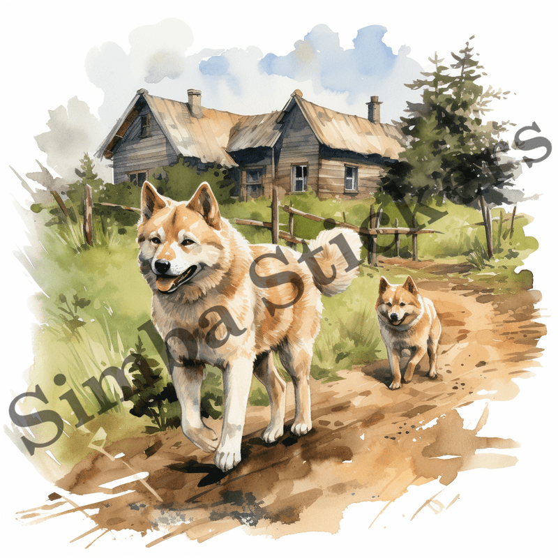 Akita dogs, watercolour, image set, 10 images