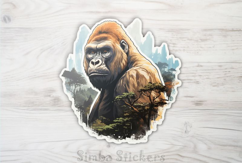 Sad gorilla with forest foreground, woftzi