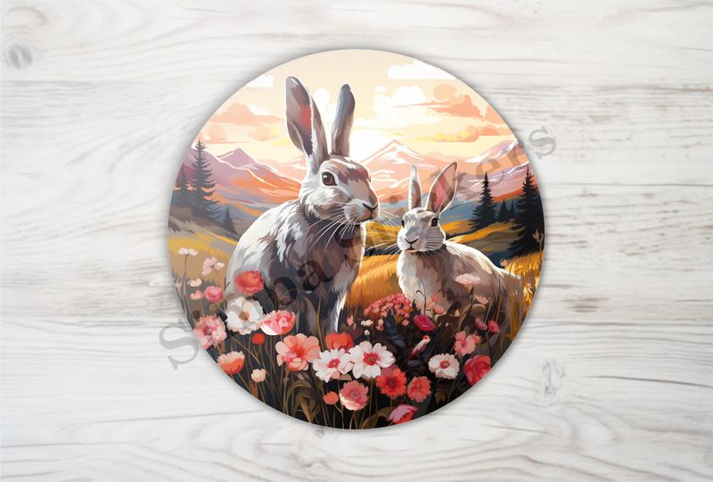 Rabbits in love amongst flowers in green fields, oil painting