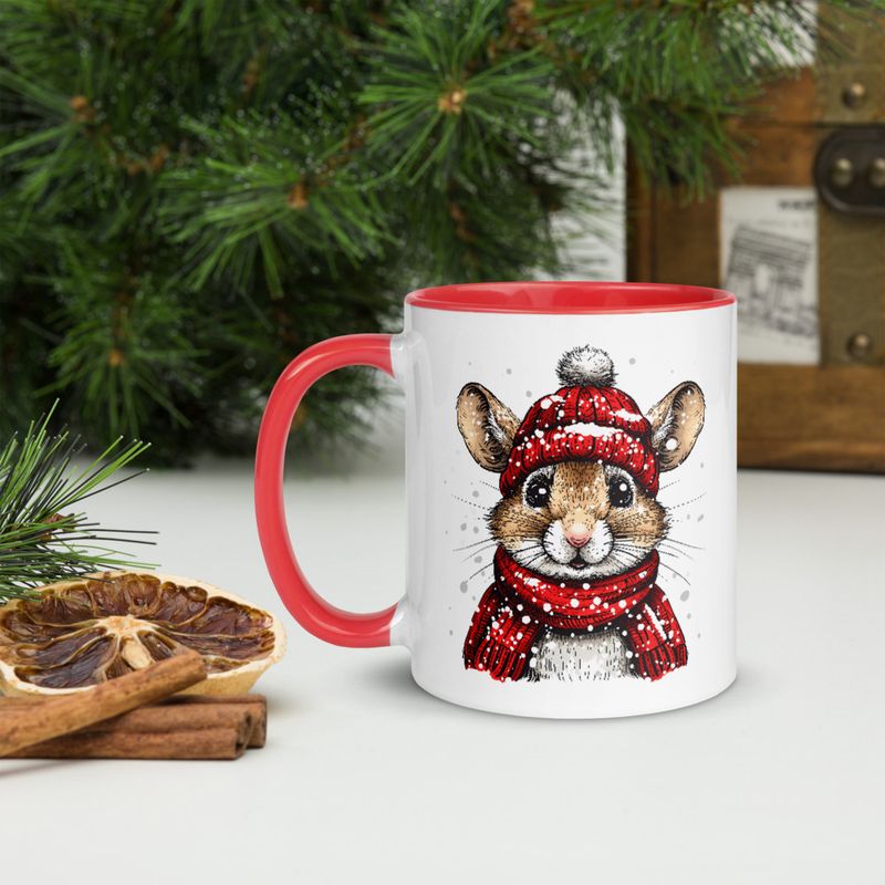 White Ceramic Mug with Color Inside, 11&amp;15oz, Mouse wearing red winter hat and scarf in snow, xg8dl3