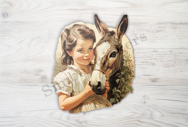 Donkey hugged by small girl of European origin in a white dress