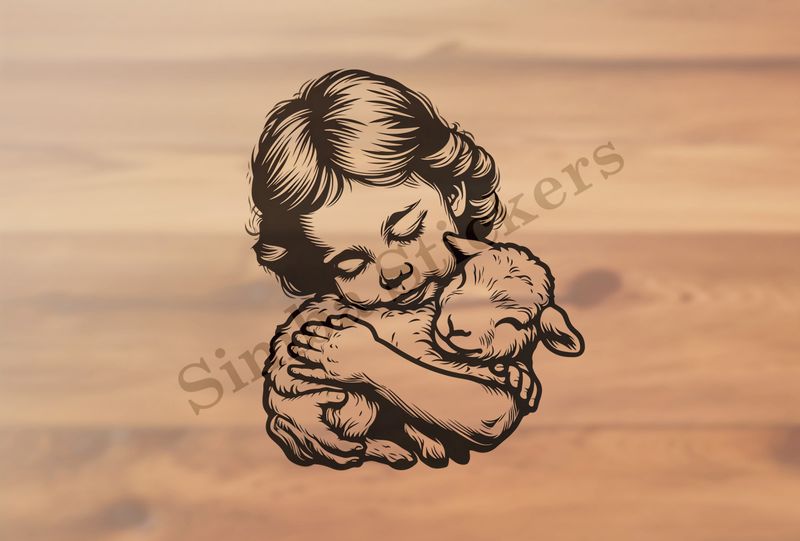 Lamb hugged by small Mediterranean girl , outline art