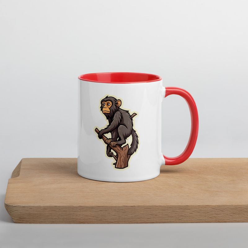 White Ceramic Mug with Color Inside, 11oz &amp; 15oz, Baboon on a tree, looking sad, head-to-head
