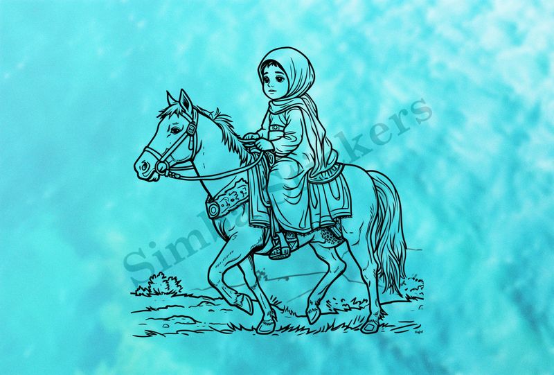 Horse being petted by a small veiled Mediterranean girl, outline art