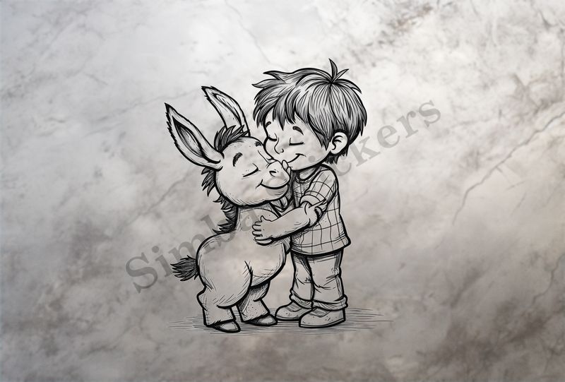 Small donkey hugging a small boy, outline art