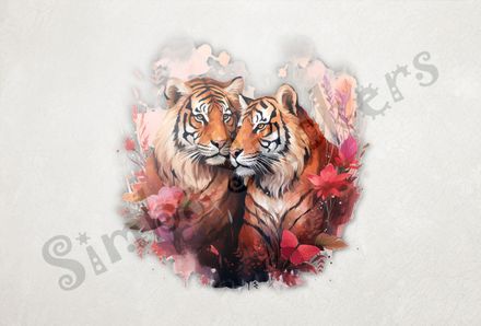 Tigers in love in reddish flowers and butterfly, watercolour