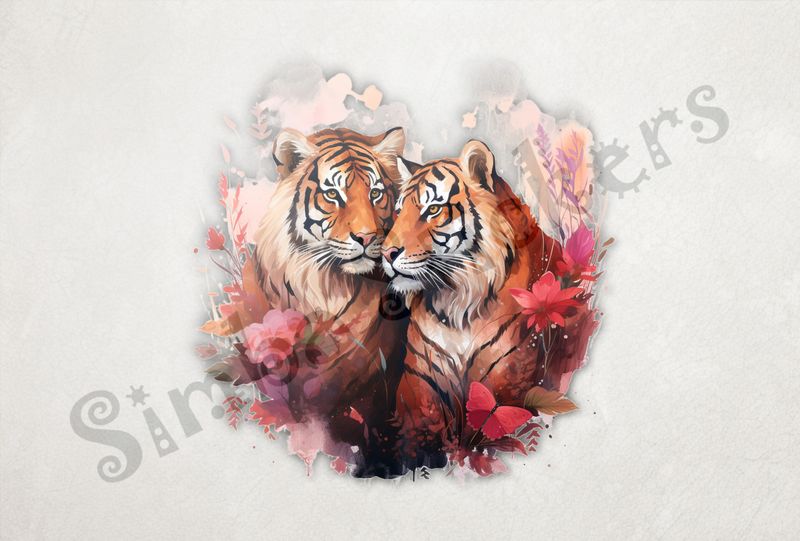 Tigers in love in reddish flowers and butterfly, watercolour