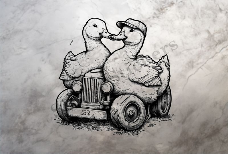 Ducks cuddling on farmer&#x27;s tractor, one with farmworker&#x27;s hat, outline art