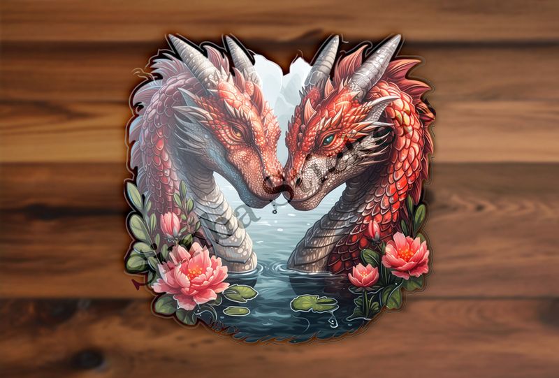 Red dragons in love, in the water