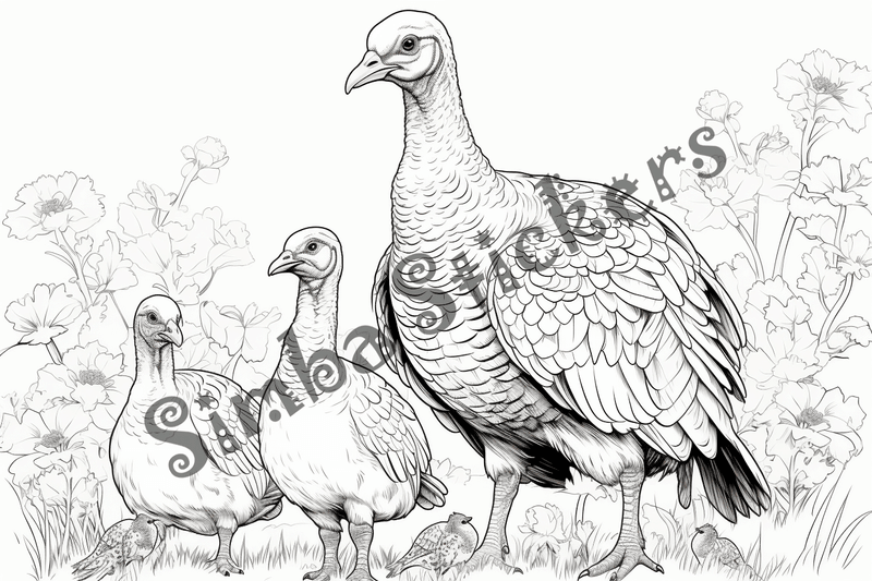 Colouring pages, bundle of turkey mother with poults, 10 images