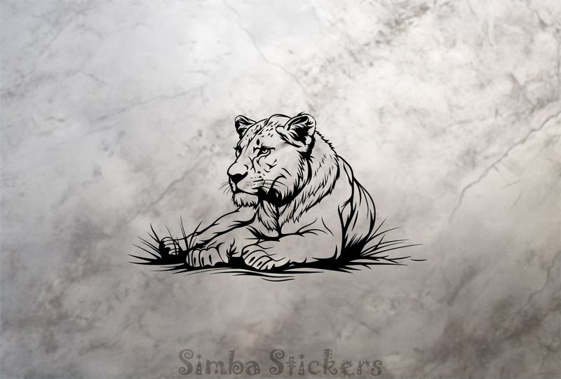 Lioness resting atentively in the Savanna, outline art, 1r0yyl