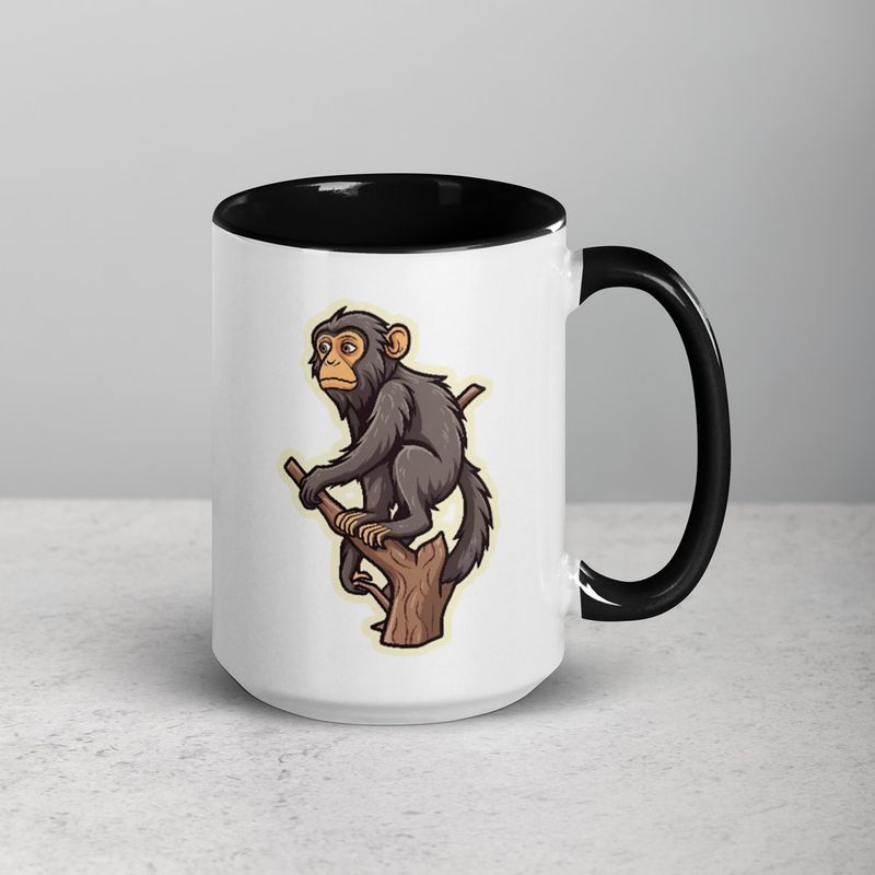 White Ceramic Mug with Color Inside, 11oz &amp; 15oz, Baboon on a tree, looking sad, head-to-head