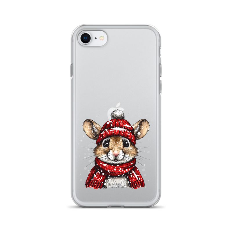 Clear Case for iPhone, Mouse wearing red winter hat and scarf in the snow, xg8dl3