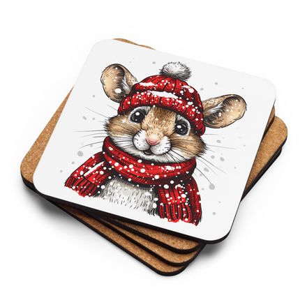 Cork-Back Coaster, Mouse wearing red winter hat and scarf in the snow, xg8dl3, mirrored