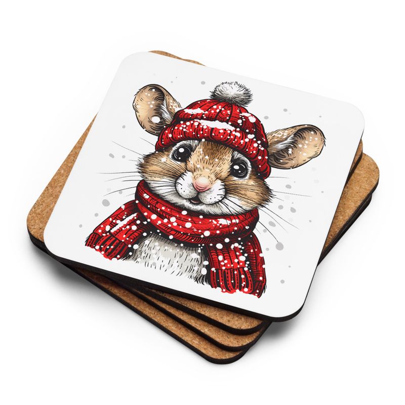 Cork-Back Coaster, Mouse wearing red winter hat and scarf in the snow, xg8dl3, mirrored