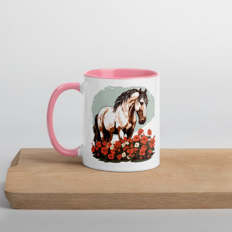 White Ceramic Mug with Color Inside, 11&amp;15oz, Brown horse in field of red flowers, n4w2fj