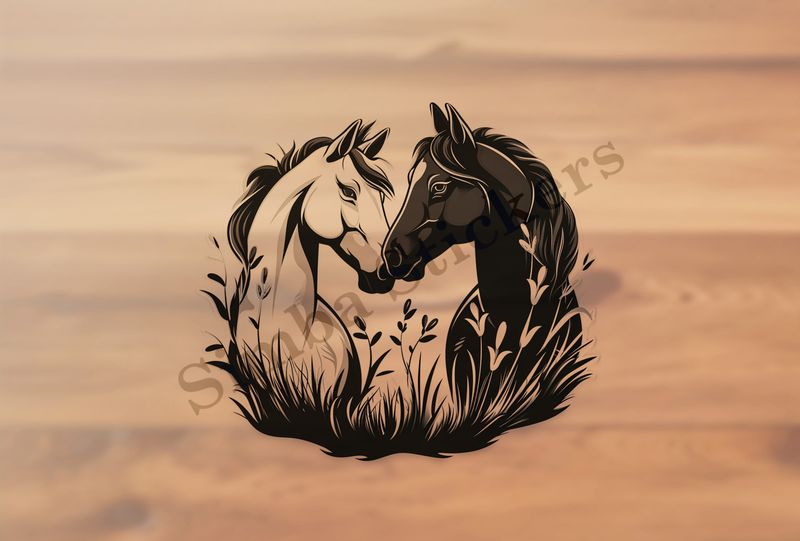 Horses in love, black and white, bust, in heart frame, outline art