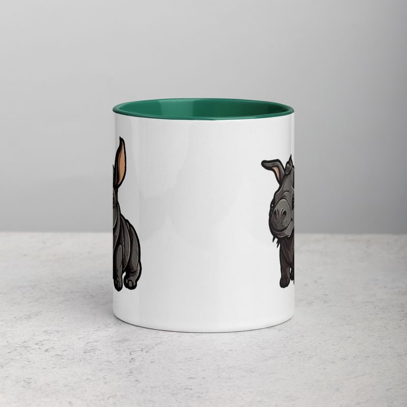 White Ceramic Mug with Color Inside, 11oz &amp; 15oz, Black rhino calf looking cute 