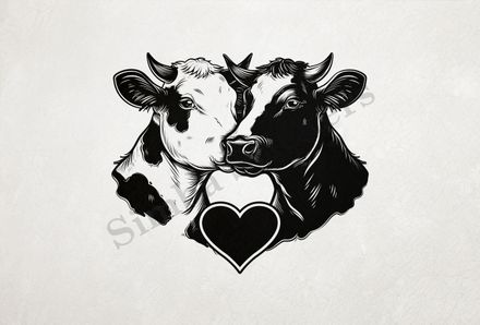 Cattle  cheek-to-cheek, heart in picture, outline art