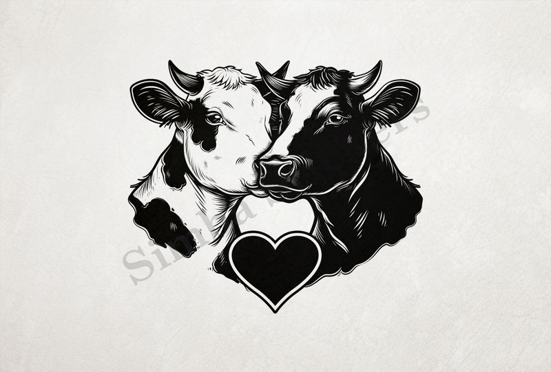 Cattle  cheek-to-cheek, heart in picture, outline art