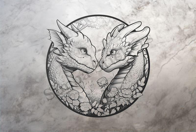Dragons nose-to-nose in love, with flowers, in circle, outline art