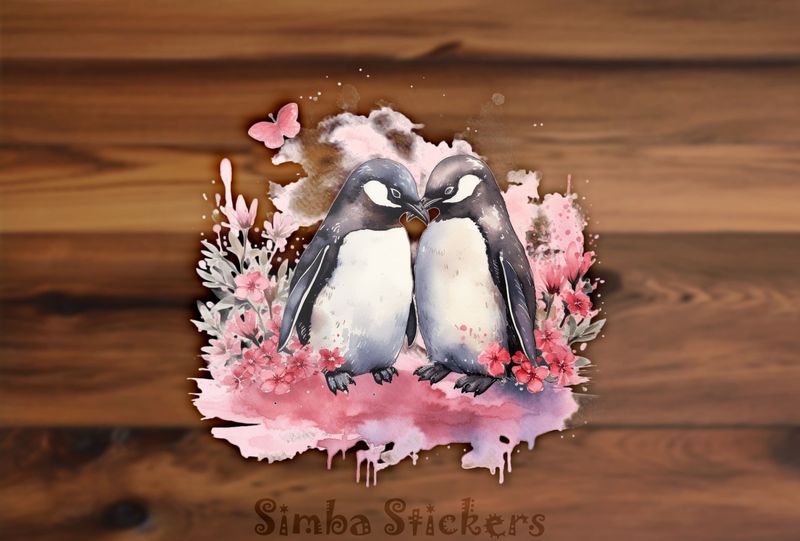 Penguins in love beak-to-beak in romantic colours, watercolour, tg8437k