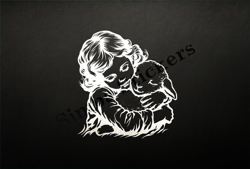 Small lamb cheek-to-cheek with girl , outline art