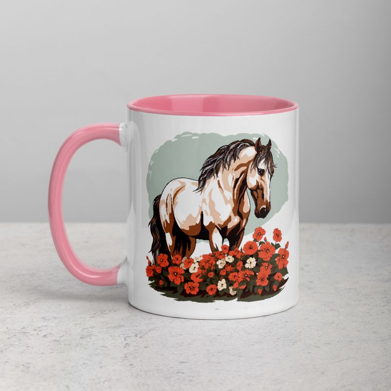 White Ceramic Mug with Color Inside, 11&amp;15oz, Brown horse in field of red flowers, n4w2fj