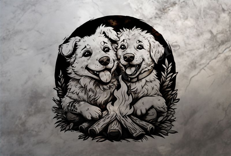 Dogs cuddling by the bonfire, outline art