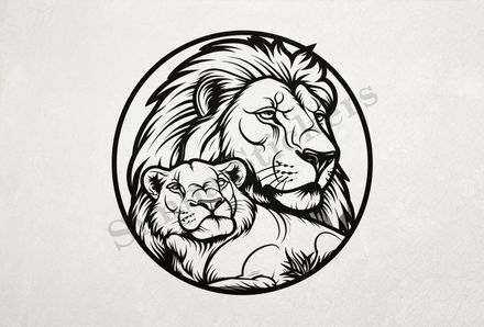 Lion with lioness cuddling, lioness leaning intolion, romantic, outline art