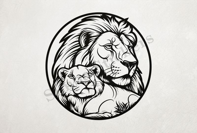 Lion with lioness cuddling, lioness leaning intolion, romantic, outline art