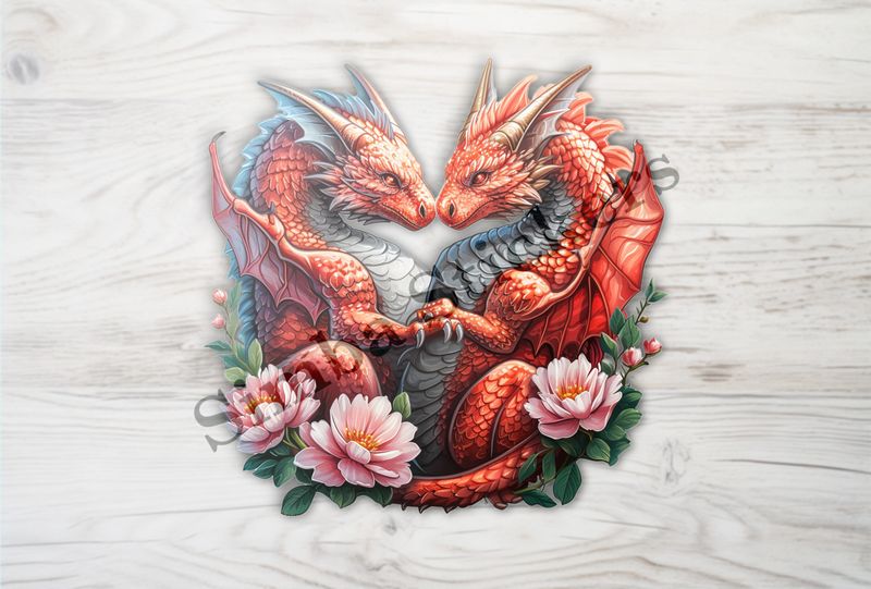 Red dragons in love, pink flowers, watercolour