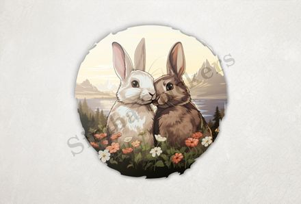Rabbits in love , nose-to-nose, lake and mountains in background