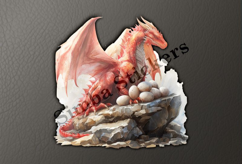 Red dragon brooding over her eggs, watercolour