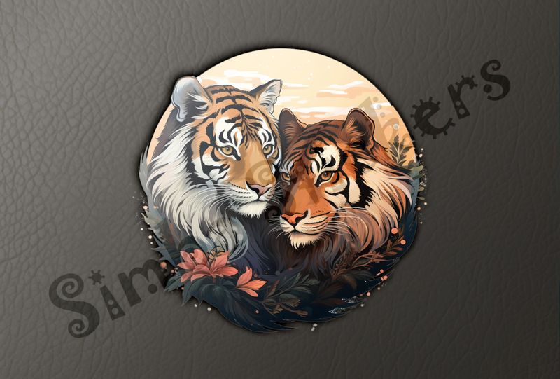 Tigers in love in dark leaves