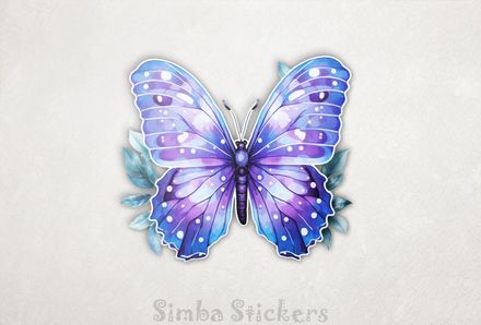 Purple and blue butterfly on leaf, watercolour, bpg3ck