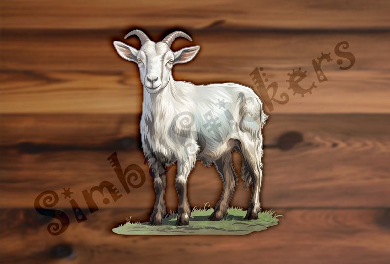 White goat look standing on green patch