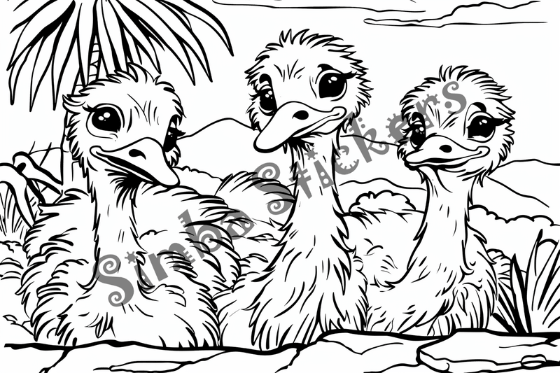 Colouring pages, bundle of ostriches, 25 images