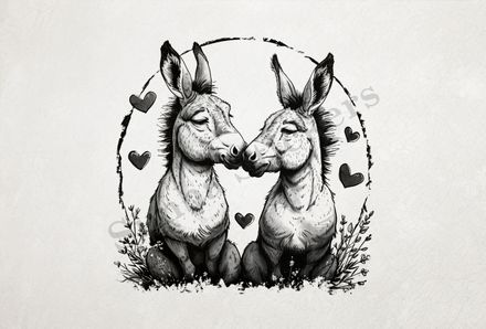 Donkeys in love, nose-to-nose, sitting, circle of love, outline art