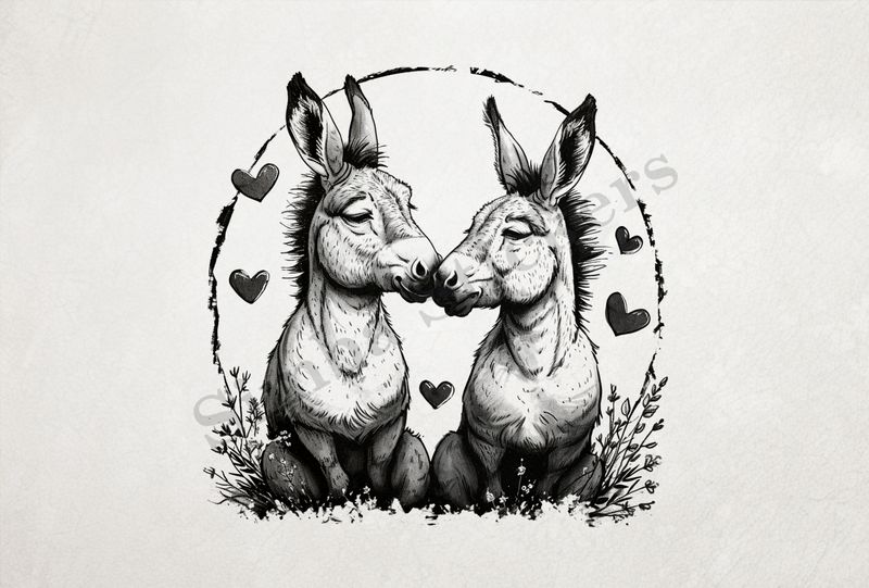 Donkeys in love, nose-to-nose, sitting, circle of love, outline art