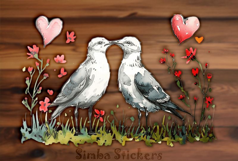 Seagulls in love beak-to-beak, Valentine&#x27;s hearts above, watercolour, phex4f