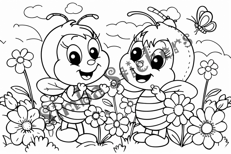 Colouring pages, bundle of bees looking cute, 10 images