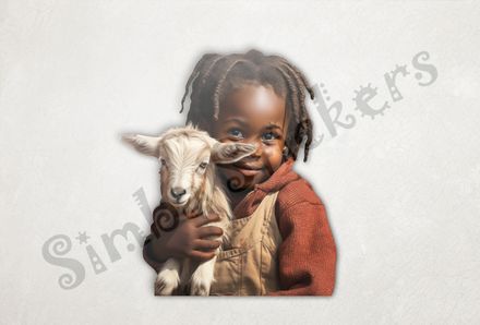 Goat kid in arms of small girl of African origin