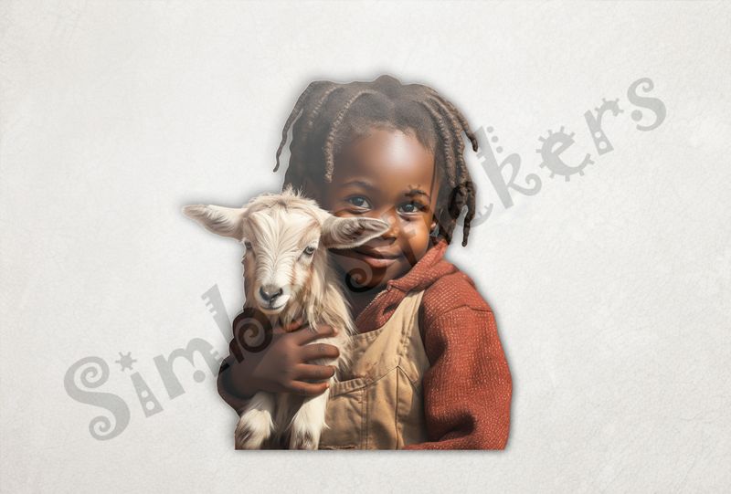Goat kid in arms of small girl of African origin