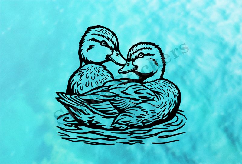 Ducks beak-to-beak in a pond, in partial-embrace, outline art