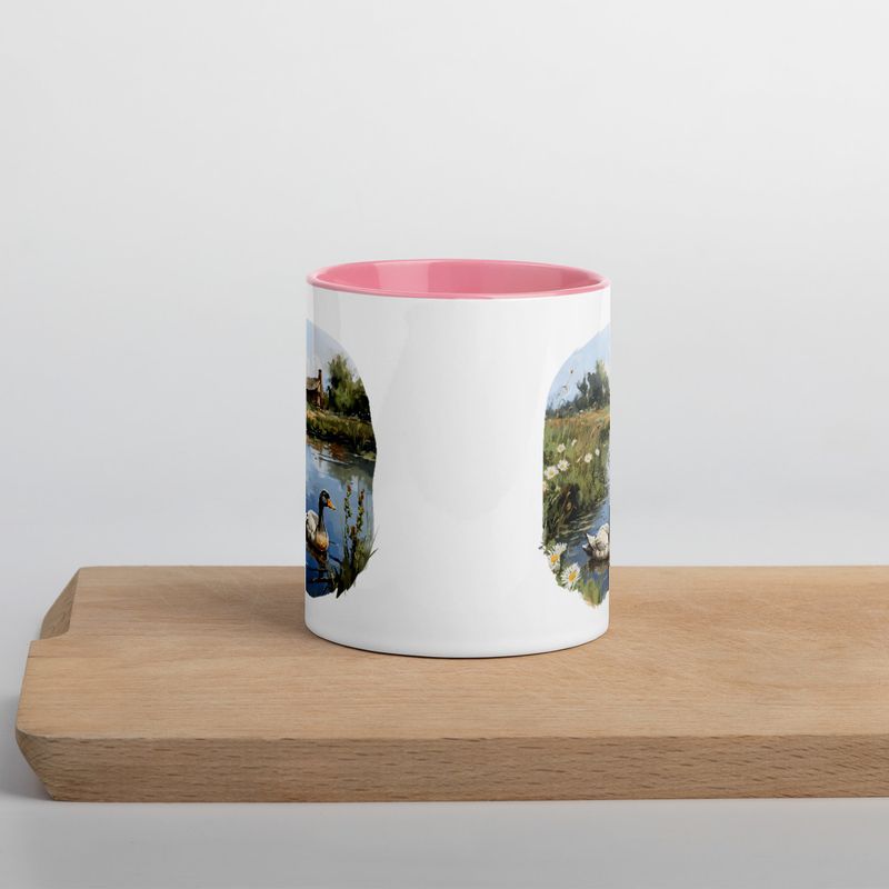 White Ceramic Mug with Color Inside, 11 &amp;15oz, Ducks in love swimming in farmhouse pond 