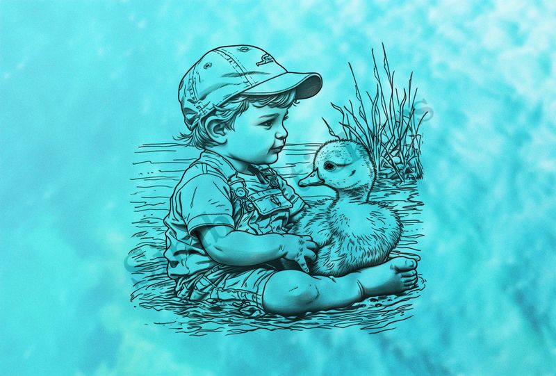 Duck embraced by small boy wearing a cap, outline art