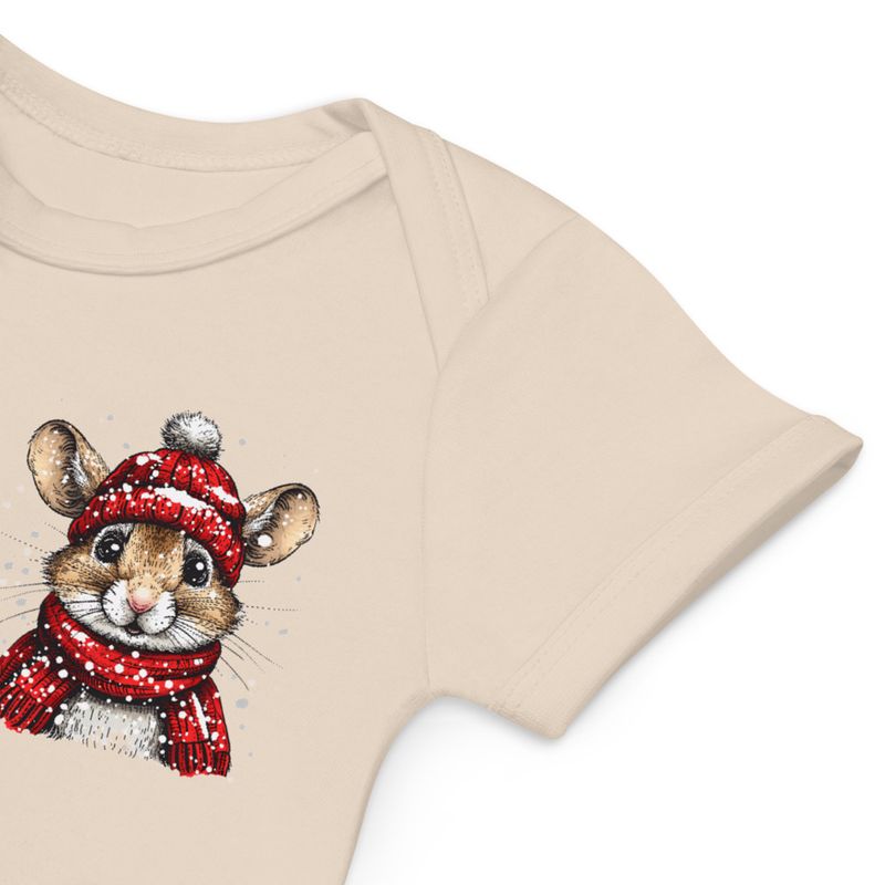 Organic Cotton Baby Bodysuit, 3-18 months, Mouse wearing red winter hat and scarf, xg8dl3,left chest