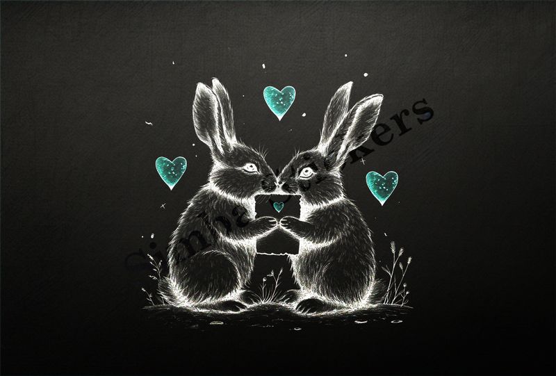 Bunnies in love, nose-to-nose, hearts in air, holding up note, outline art