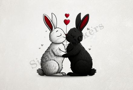 Bunnies in love, nose-to-nose, one black, one white, outline art